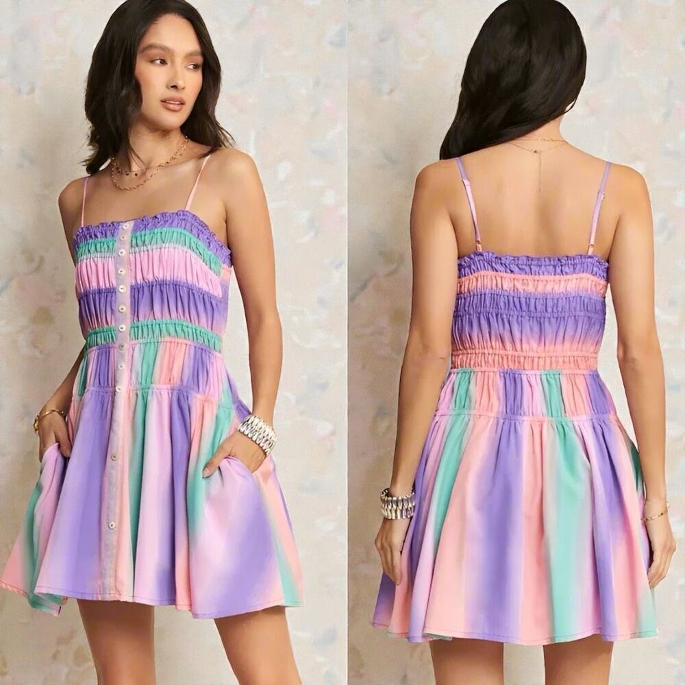 Smocked Button-Front Mini Sundress | Pockets |Pastel Rainbow | Davi & Dani - Picture 4 of 16